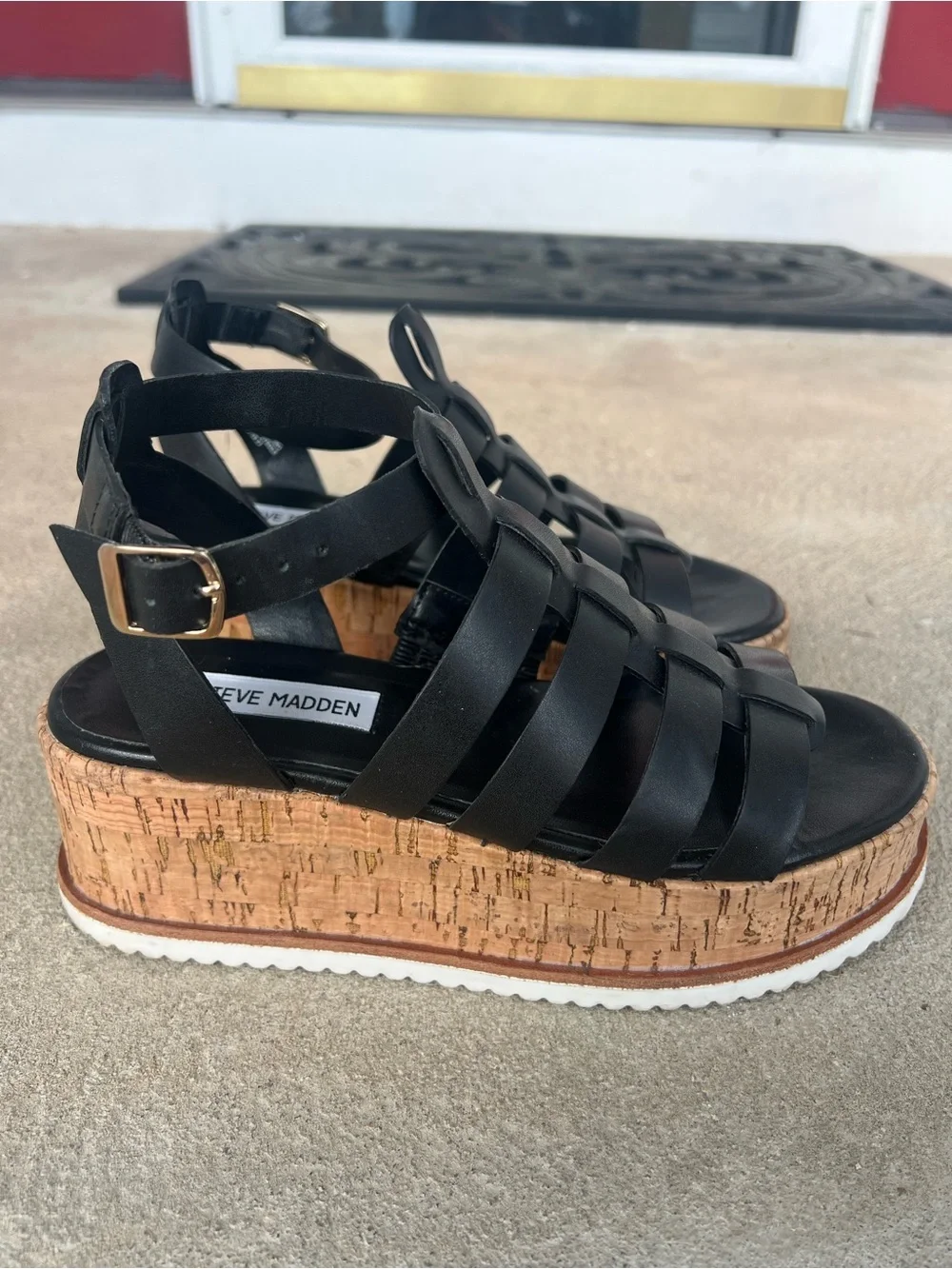 Steve Madden Black Leather Gladiator Cork Platform Sandals